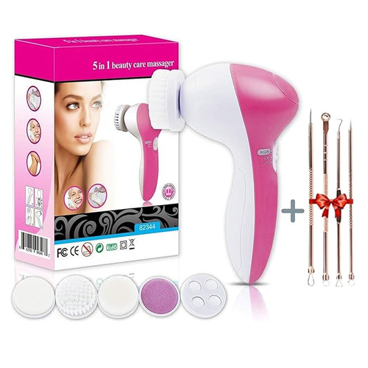 Facial Cleansing Brush 5 in 1 Portable Electric Facial Massager with 5 Spin Brush Heads for Acne, Blackheads, Dead Skin and All Skin Care and Acne Tool