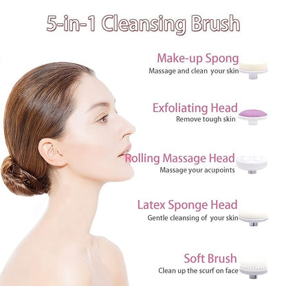 Facial Cleansing Brush 5 in 1 Portable Electric Facial Massager with 5 Spin Brush Heads for Acne, Blackheads, Dead Skin and All Skin Care and Acne Tool